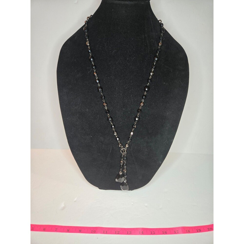Long Black Beaded Necklace Front Toggle Clasp Faceted Drops